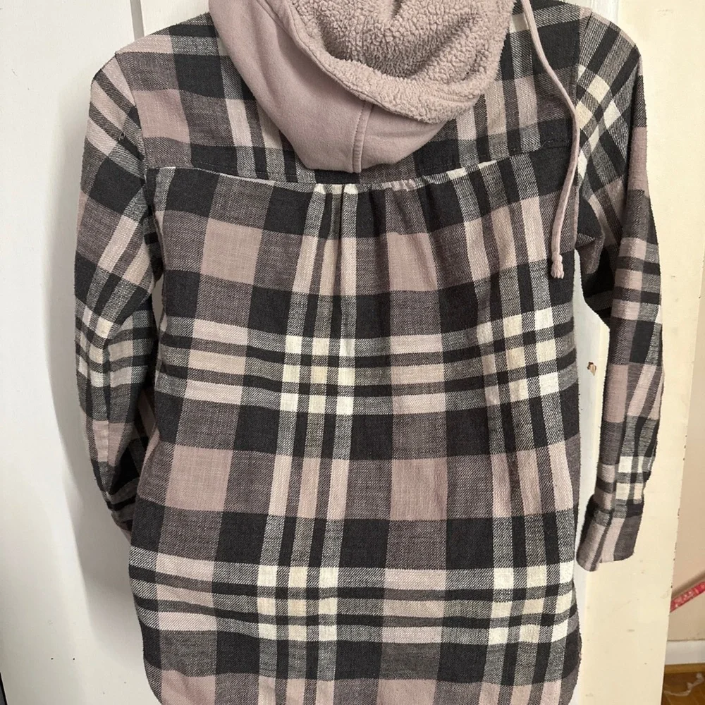 AE American Eagle Plaid Hooded Flannel Small Sherpa Lined Pink  Grey Womens - Picture 9 of 10